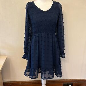 BTFBM navy blue smocked long sheer sleeve tiered dot dress Size M New